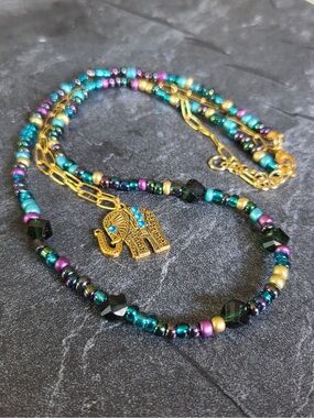 Gold Elephant Pendant Beaded Necklace in Teal, Purple & Black